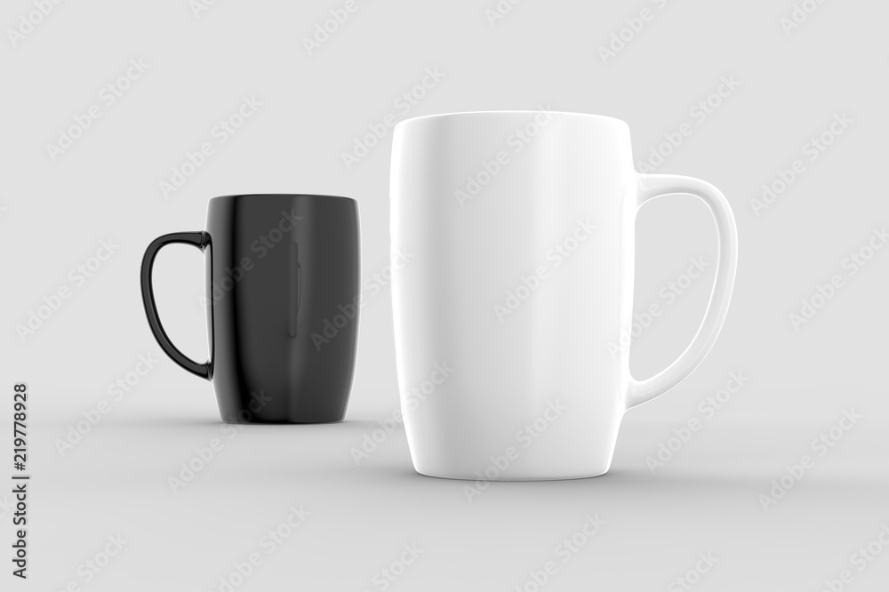 Black and white mug mock ups isolated on light gray background. 3D illustration Black and white mug mock ups isolated on light gray background. 3D illustration