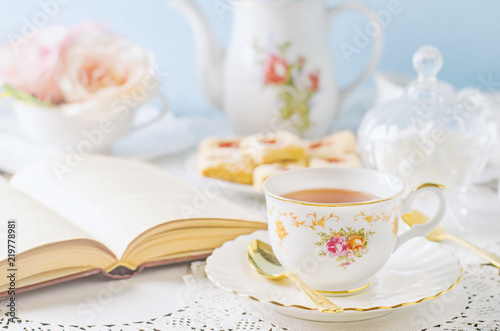 Close up of cup of tea on table with vintage tone