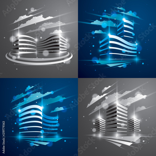 Office buildings set, modern architecture vector illustrations with blurred lights and glares effect. Real estate realty business center blue and monochrome designs. 3D futuristic facades in big city.