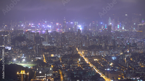 Hong Kong Skyline And Light Show At Night From Distance