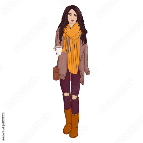 Vector fashion illustration. Autumn style poster with glamour woman in boots, jeans, sweater sketch. Glamour Model print. Trendy character decoration.