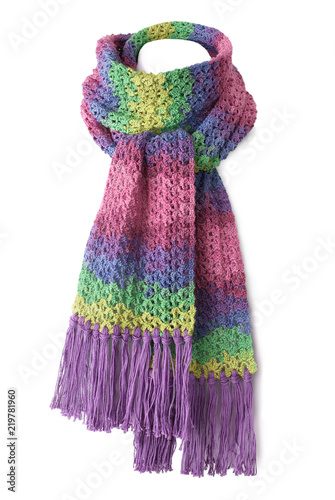 Colorful scarf with fringe on white background