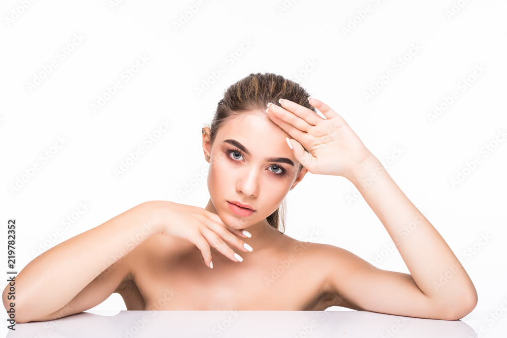 Beautiful Young Woman with Clean Fresh Skin touch own face. Facial treatment. Cosmetology, beauty and spa concept. Beautiful Young Woman with Clean Fresh Skin touch own face. Facial treatment. Cosmetology, beauty and spa concept.