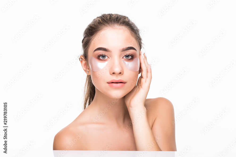 Eyes patches woman cosmetic beauty healthy skin portrait isolated on white background. Skin care concept. Eyes patches woman cosmetic beauty healthy skin portrait isolated on white background. Skin care concept.