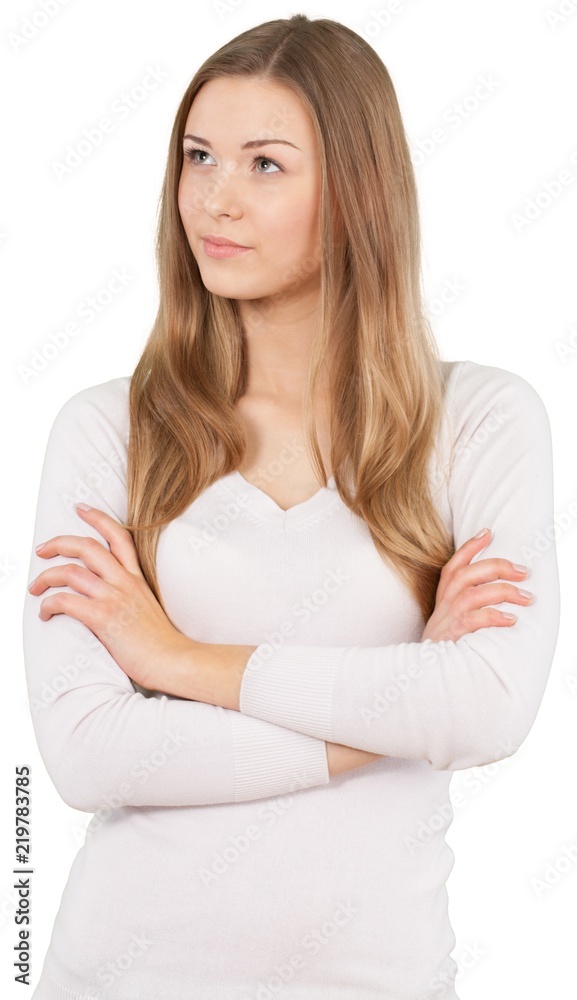 Serious Woman Standing and Thinking with Crossed Arms - Serious Woman Standing and Thinking with Crossed Arms -