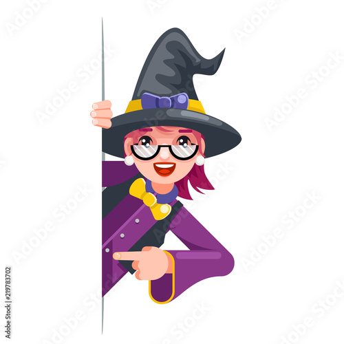 Cute witch cartoon support help consultation advice promotion looking out corner character halloween solution flat design vector illustration