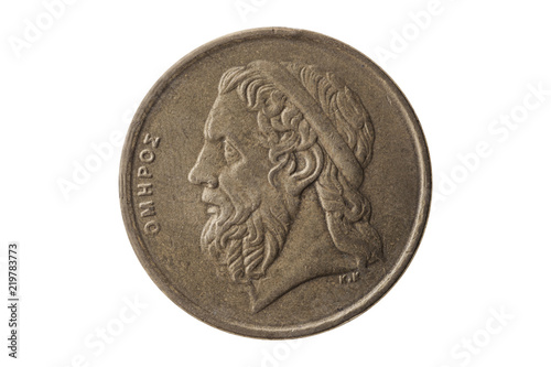 Greek 50 drachmas coin dated 1988 with a portrait image of Homer cut out and isolated on a white background