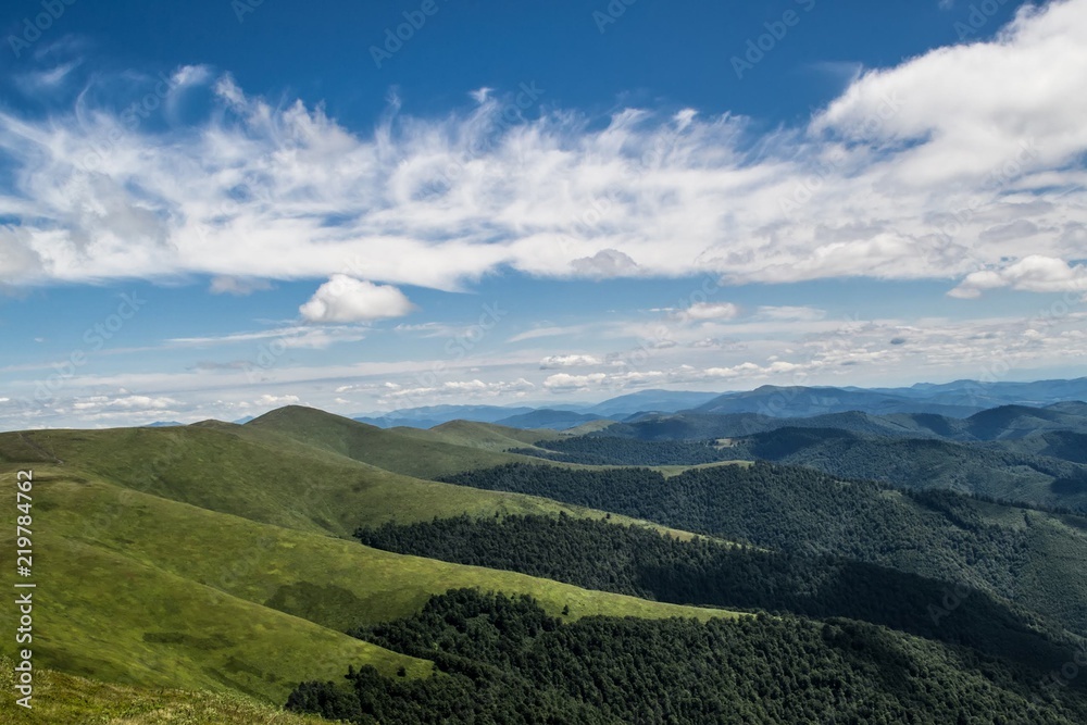 Green mountain slopes covered with forest. Summer. Carpathians. Green mountain slopes covered with forest. Summer. Carpathians.