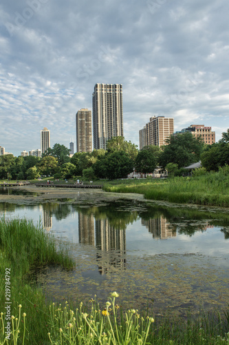 Chicago, Illinois/USA. July 9, 2018. Tall Building in Chicago reflecting in Park Pond.
