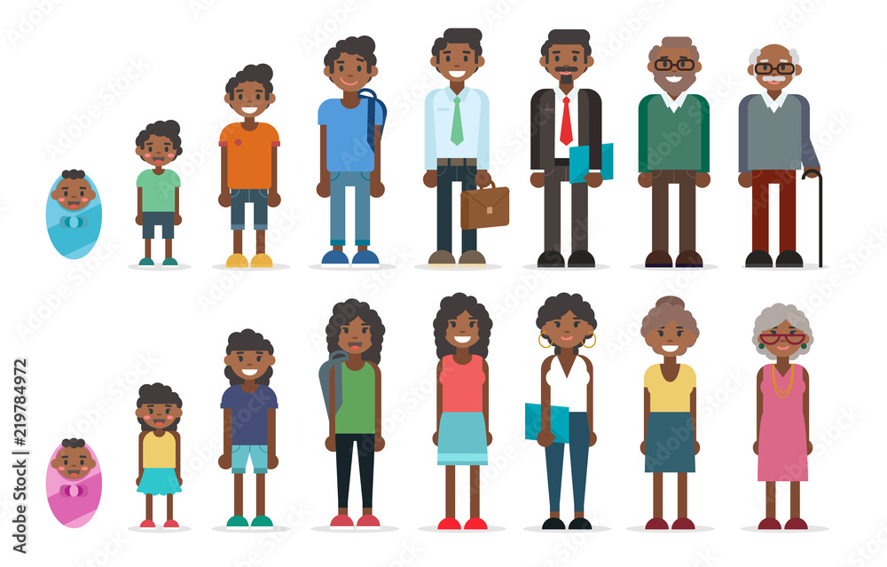 Black people in different ages, collection of men and women set, childhood, adulthood. Characters illustration in flat style