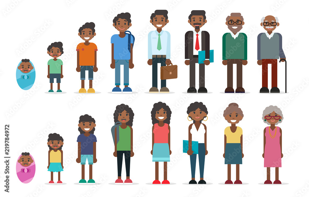 Black people in different ages, collection of men and women set, childhood, adulthood. Characters illustration in flat style Black people in different ages, collection of men and women set, childhood, adulthood. Characters illustration in flat style