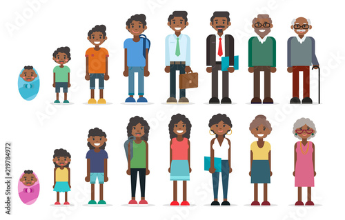 Black people in different ages, collection of men and women set, childhood, adulthood. Characters illustration in flat style