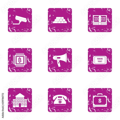 Currency mining icons set. Grunge set of 9 currency mining vector icons for web isolated on white background