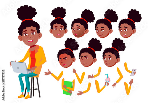 Teen Girl Vector. Teenager. Black. Afro American. Friends, Life. Emotional, Pose. Face Emotions, Various Gestures. Animation Creation Set. Isolated Flat Cartoon Character Illustration