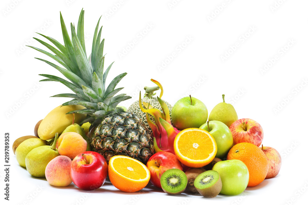 Group of fresh fruits and vegetables isolated on white background, Tropical fruits for eating healthy and dieting