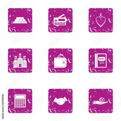 Business brick icons set. Grunge set of 9 business brick vector icons for web isolated on white background