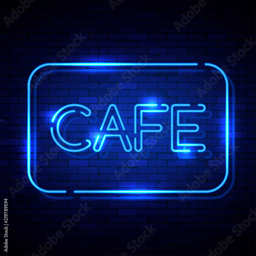 Cafe neon sign on the brick wall. Vector Illustration