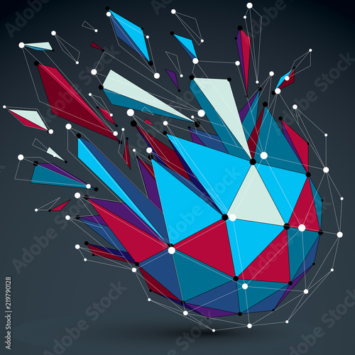 Vector dimensional colorful wireframe object, demolished low poly shape with fractures and wreckage. 3d lines mesh digital technology element broken into pieces.