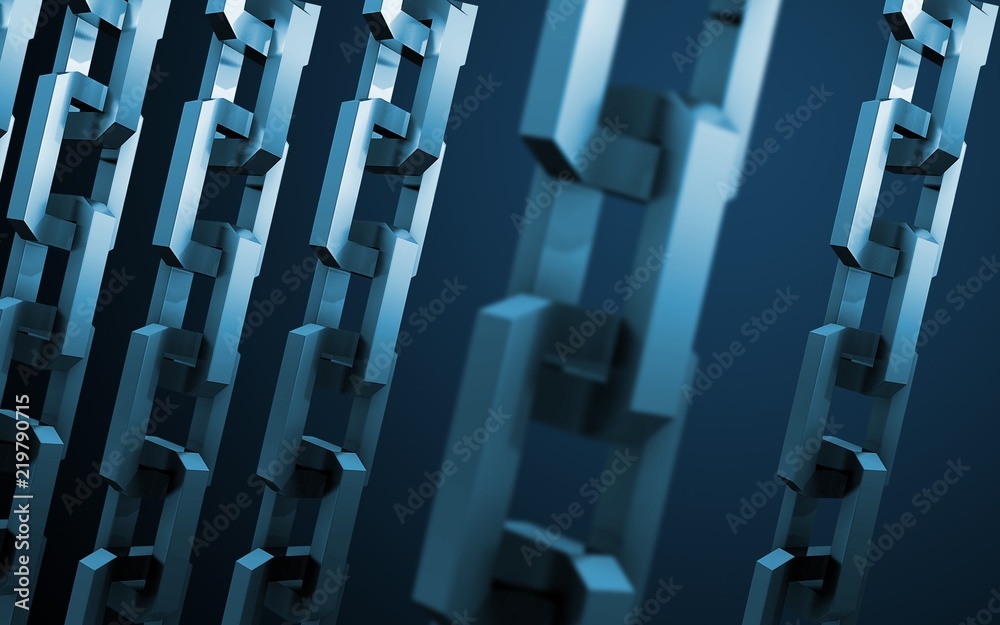 Fototapeta premium Block chain technology concept. Connections system and global data exchange. For print, design, web, banners, media, illustrations. Blue background. Futuristic, interesting design. Network of data.