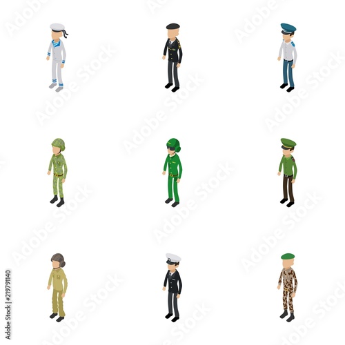 Soldier icons set. Isometric set of 9 soldier vector icons for web isolated on white background