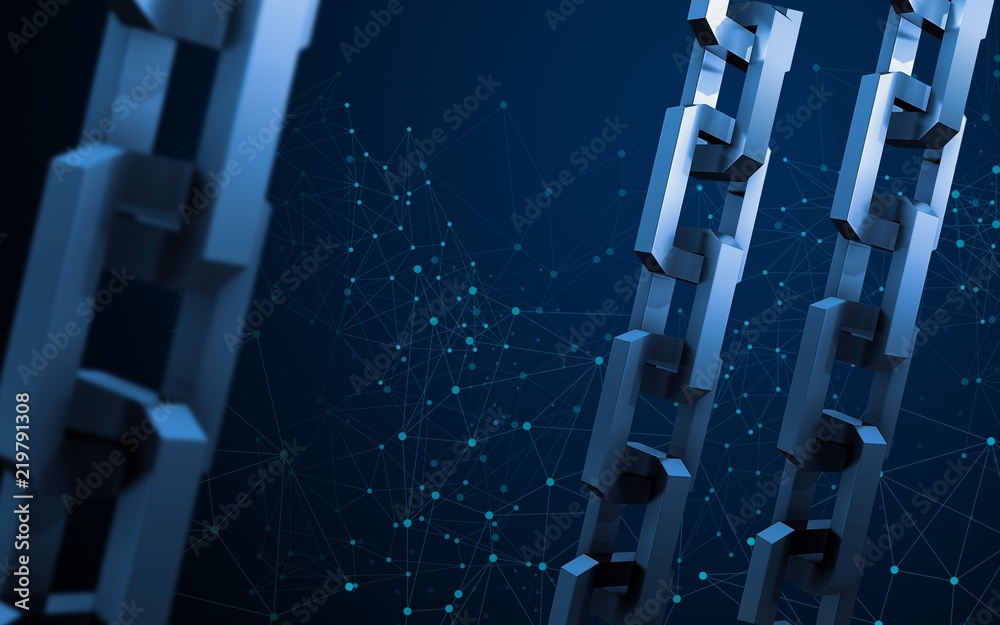 Obraz premium Block chain technology concept. Connections system and global data exchange. For print, design, web, banners, media, illustrations. Blue background. Futuristic, interesting design. Network of data.