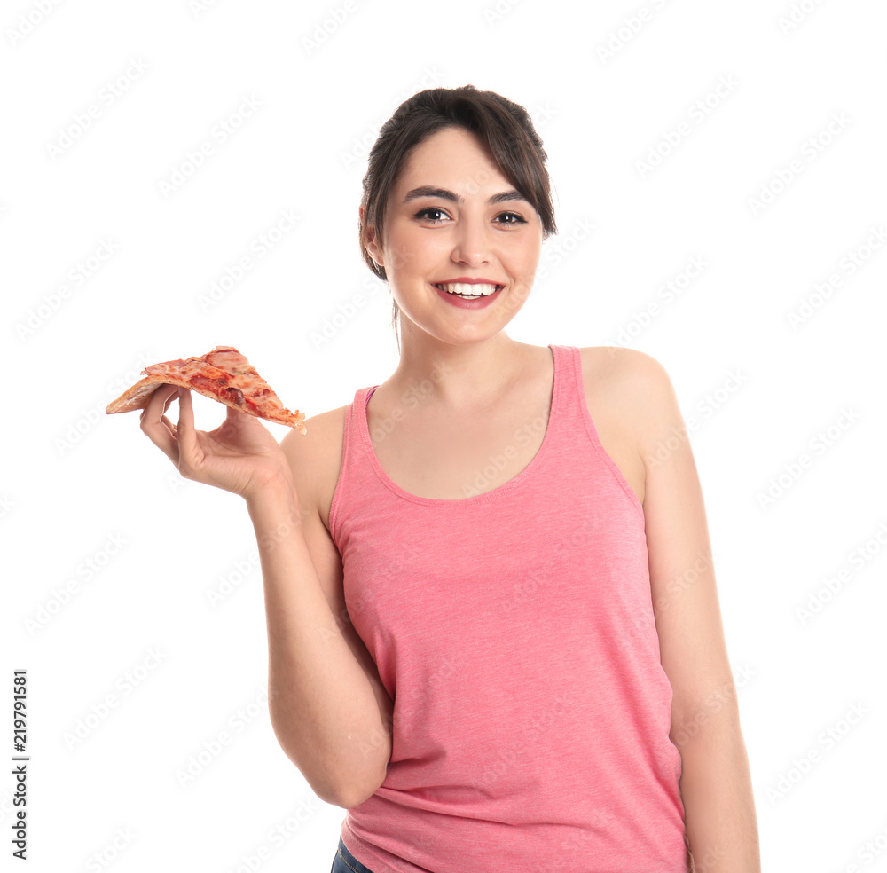 Young woman with slice of hot tasty pizza on white background Young woman with slice of hot tasty pizza on white background