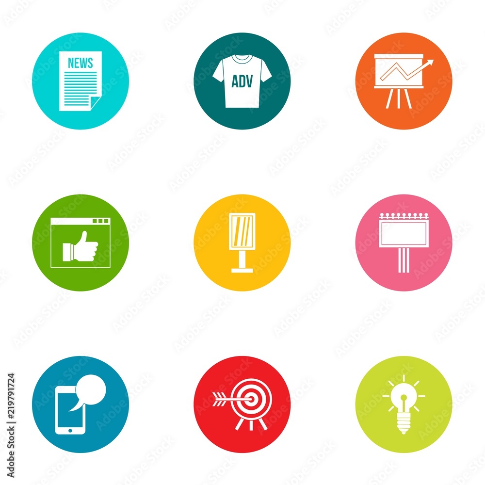 Advertising extension icons set. Flat set of 9 advertising extension vector icons for web isolated on white background