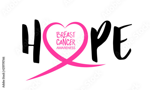 Hope lettering design with Pink heart line. Breast cancer awareness concept. Vector illustration isolated on white background.