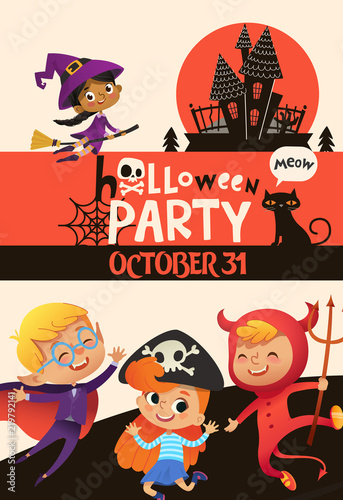 Halloween party invitation template with adorable joyful kids dressed in festive costumes of witch, vampire, devil and pirate. Colored vector illustration in flat cartoon style for event announcement.