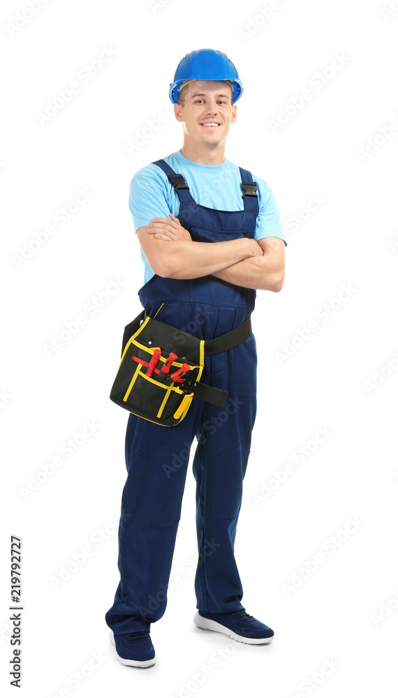 Electrician with tools on white background