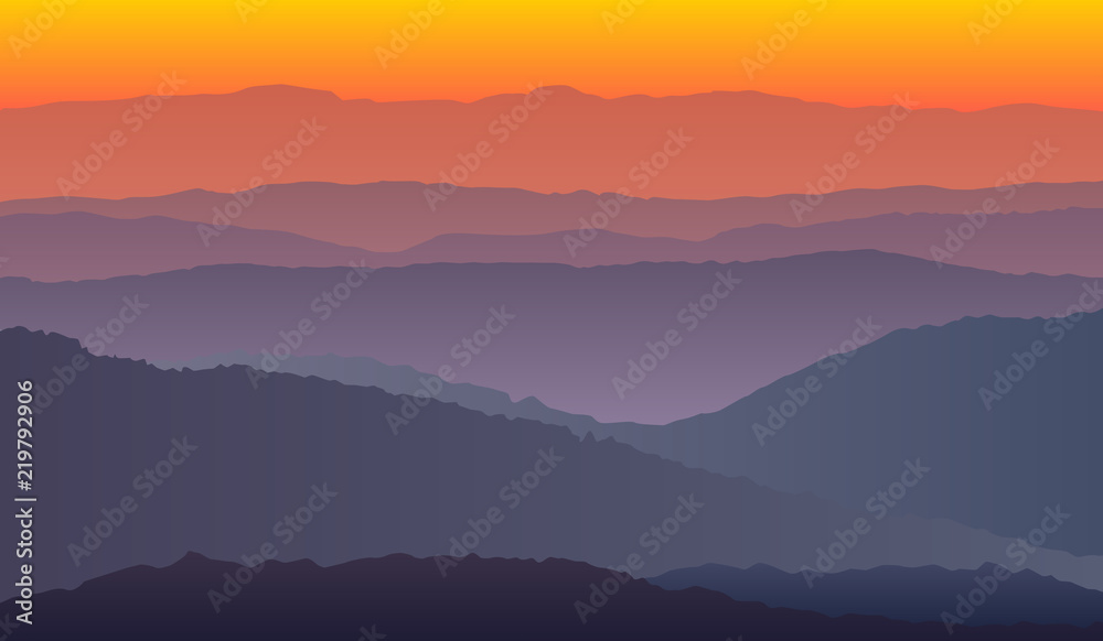 landscape with purple orange silhouettes of mountains vector eps 10