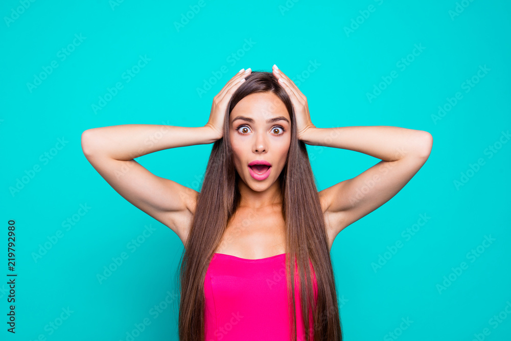 I don't remember this information! Close up studio photo portrait of pretty nice tanned stylish with big eyes lady staring looking at camera isolated on bright vivid pastel shinny background I don't remember this information! Close up studio photo portrait of pretty nice tanned stylish with big eyes lady staring looking at camera isolated on bright vivid pastel shinny background