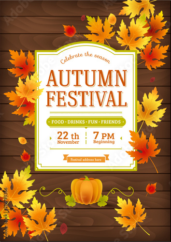 Autumn festival. Fall party invitation, banner. Autumn festival vector poster template with vector foliage. Harvest dinner design.