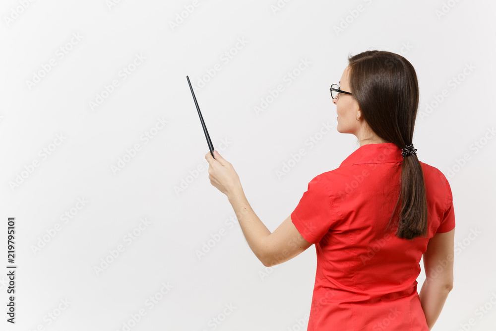 Portrait of young business teacher woman in red shirt skirt glasses holding wooden classroom pointer on copy space isolated on white background. Education teaching in high school university concept. Portrait of young business teacher woman in red shirt skirt glasses holding wooden classroom pointer on copy space isolated on white background. Education teaching in high school university concept.