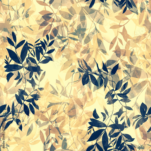 imprints Japanese style abstract twigs with leaves mix repeat seamless pattern. digital hand drawn picture with