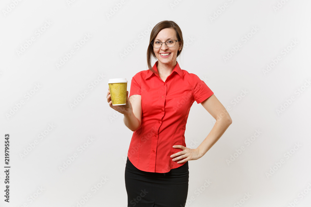 Portrait of happy smiling young business teacher woman in red shirt glasses holding cup of coffee or tea in hands isolated on white background. Education or teaching in high school university concept. Portrait of happy smiling young business teacher woman in red shirt glasses holding cup of coffee or tea in hands isolated on white background. Education or teaching in high school university concept.