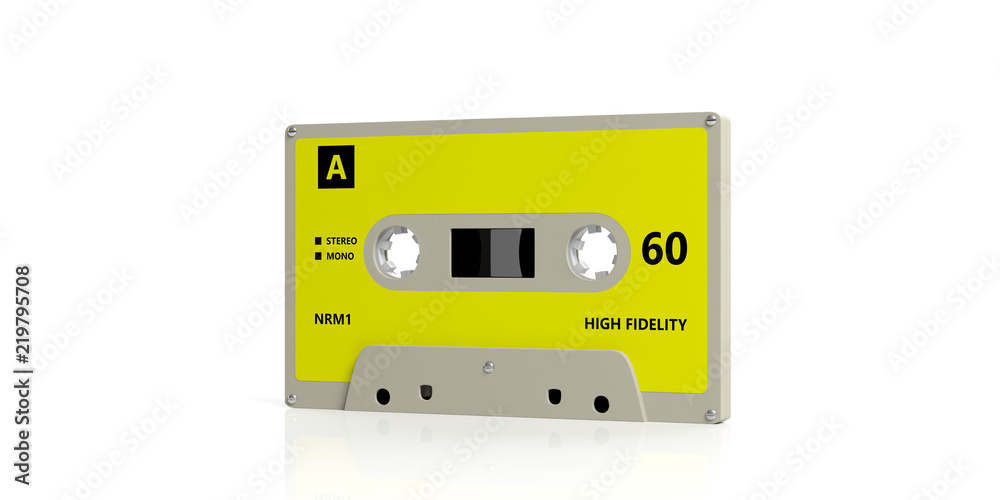 Obraz premium Retro audio cassette tape with yellow label isolated on white background. 3d illustration