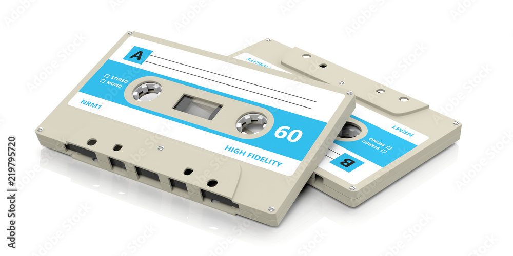 Obraz premium Retro audio cassette tapes with blue label isolated on white background. 3d illustration