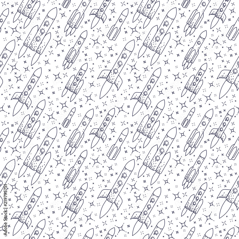 Space seamless background with rockets and stars, undiscovered galaxy cosmic fantastic and interesting textile fabric for children, endless tiling pattern, vector illustration cartoon motif. Space seamless background with rockets and stars, undiscovered galaxy cosmic fantastic and interesting textile fabric for children, endless tiling pattern, vector illustration cartoon motif.