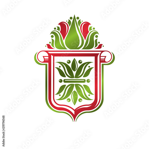 Vintage heraldic emblem created with lily flower royal symbol. Eco friendly product symbol, environment protection theme illustration, shield decorated with cartouche.