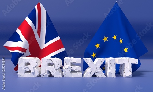 Broken text Brexit is the impending withdrawal of the United Kingdom (UK) from the European Union (EU). 3D illustration. 