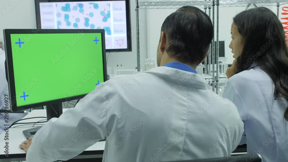 Two medical research scientists looking at green screen in the modern laboratory.