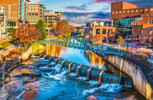 River Place and Reedy River at sunrise in Greenville, South Carolina SC.