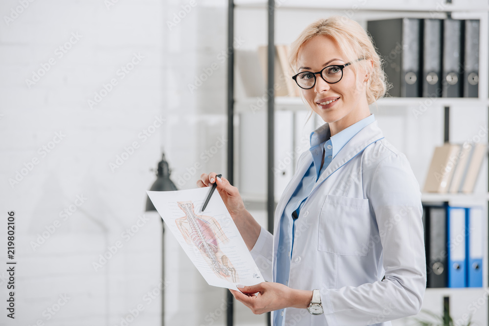 side view of smiling chiropractor in eyeglasses and white coat pointing at human body scheme in clinic side view of smiling chiropractor in eyeglasses and white coat pointing at human body scheme in clinic