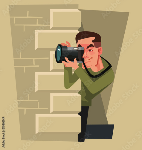 Journalist photographer paparazzi man character hiding and trying take photo picture of celebrity. Yellow press vector cartoon illustration