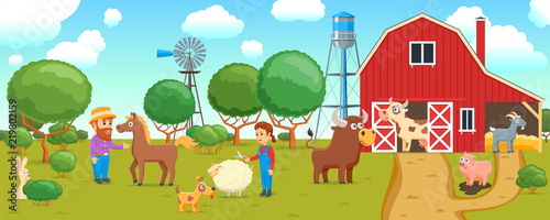 Cartoon banner on a agricultural theme. Rural scene with people and farm animals. Vector illustration photo