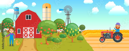 Cartoon banner on a agricultural theme. Rural scene with people and fruit trees. A man riding a tractor in the background of a wheat field. Vector illustration