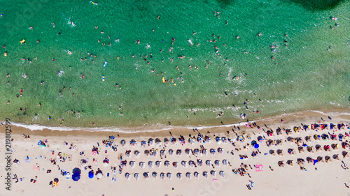 Aerial Drone View of Beach Cove with People Swimming at Erdek Turankoy / Balikesir / Turkey © Alp Aksoy