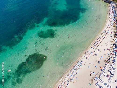 Aerial Drone View of Beach Cove with People Swimming at Erdek Turankoy / Balikesir / Turkey