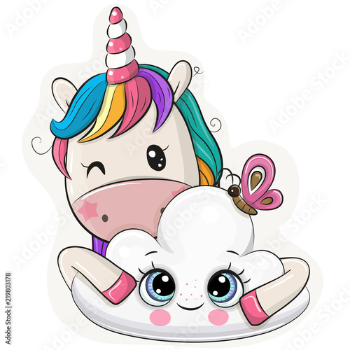 Cartoon Unicorn with cloud on a white background